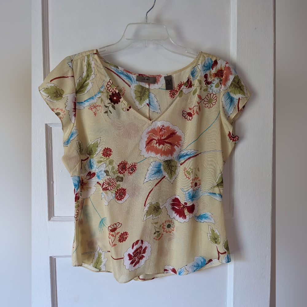 Floral Yellow Silk V-neck Short Sleeve Blouse